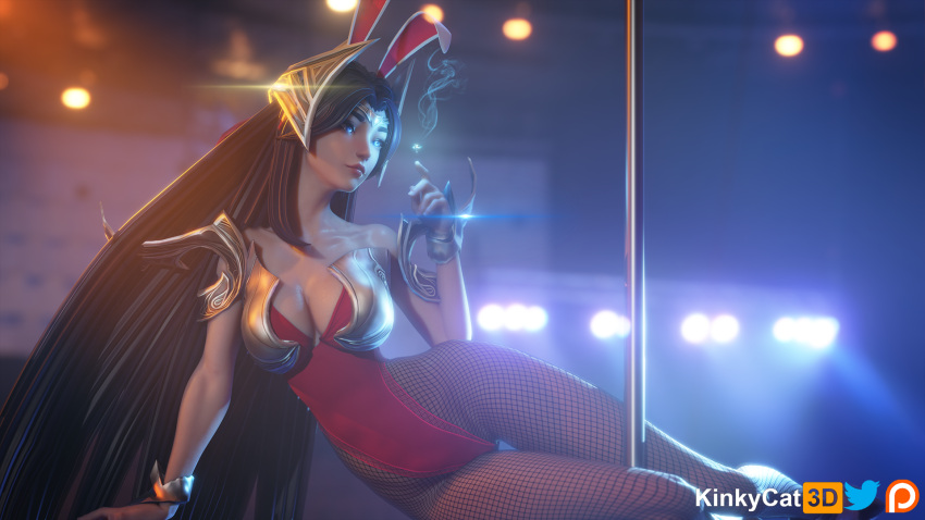 16:9 battle_bunny_irelia big_breasts bunny_ears bunnysuit female female_only irelia_xan kinkykatt3d league_of_legends league_of_legends:_wild_rift pinup stripper stripper_pole wallpaper