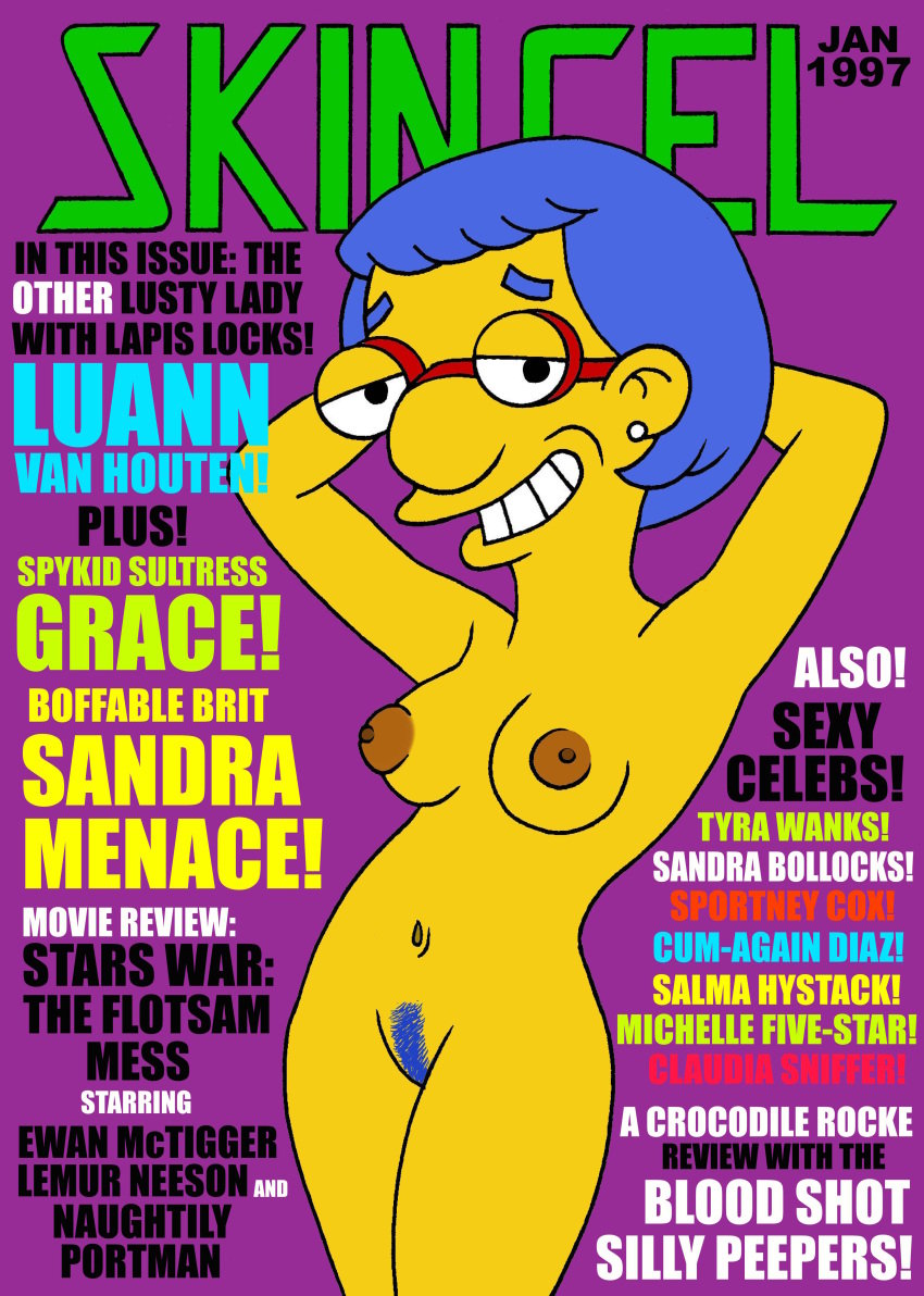 1990s 1997 20th_century armpits arms_up blue_hair blue_pubic_hair earrings english_text female glasses grin hands_behind_head large_breasts luann_van_houten nude pubic_hair purple_background solo the_simpsons toonytease unshaved_pussy yellow_skin