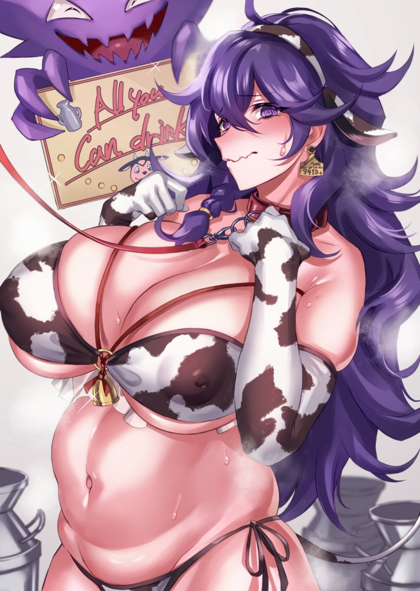 1girls :s @_@ alternate_breast_size big_breasts bikini blush collar cow_bikini cow_ears cow_girl cow_print embarrassed gloves hairband haunter hex_maniac hikari_(komitiookami) huge_breasts large_breasts nintendo pokemon pokemon_rgby pokemon_xy purple_eyes purple_hair upper_body