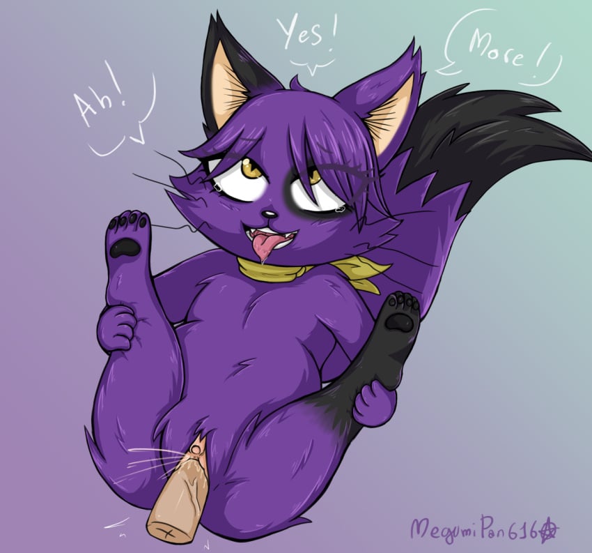 black_fur cat_ears cat_tail english_text exceed exceed_(fairy_tail) fairy_tail fan_character fangs feline female female_penetrated fur furry hi_res light_skin male_penetrating_female mammal megumipan616 oc open_mouth original original_character paws penis purple_fur pussy pussy_juice_drip sex simple_background spread_legs squirting text tongue_out two_tone_fur violett_the_exceed yellow_eyes