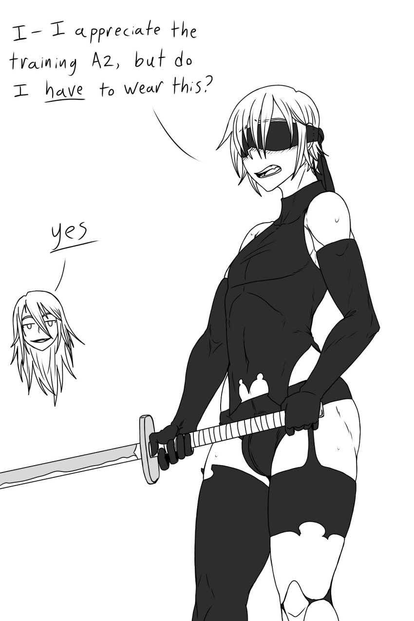 1boy ass blindfold bulge crossdressing embarrassed english_text femboy kiahl light-skinned_male light_skin male male_focus male_only monochrome nier:_automata open_mouth solo solo_male sword text thick_thighs trap white_background white_hair yorha_9s yorha_a2 yorha_a2_(cosplay)