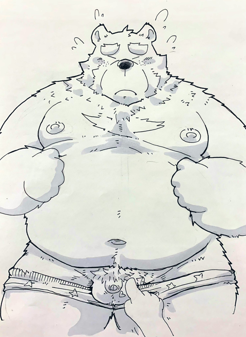 2021 anthro balls belly closed_eyes clothing flaccid genitals hi_res humanoid_genitalia humanoid_hands humanoid_penis kemono male mammal moobs navel nipples overweight overweight_male penis simple_background small_penis solo suishou0602 underwear ursid