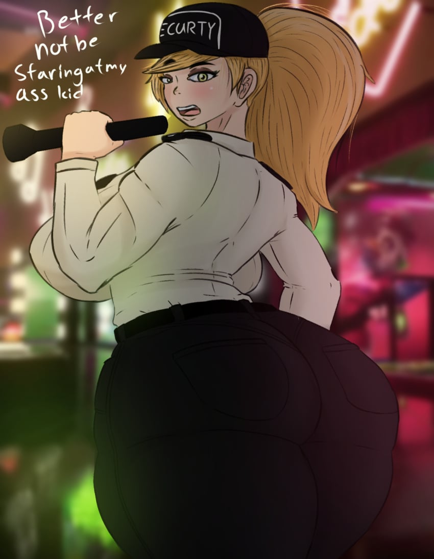 1girl ass big_ass blonde blonde_hair bottom_heavy breasts fat_ass five_nights_at_freddy's five_nights_at_freddy's:_security_breach gokusenpai green_eyes guard huge_ass huge_breasts large_ass large_breasts looking_at_viewer looking_back pants pawg ponytail pov security_guard sideboob talking_to_viewer tight_pants uniform vanessa_(fnaf) wide_hips yellow_hair