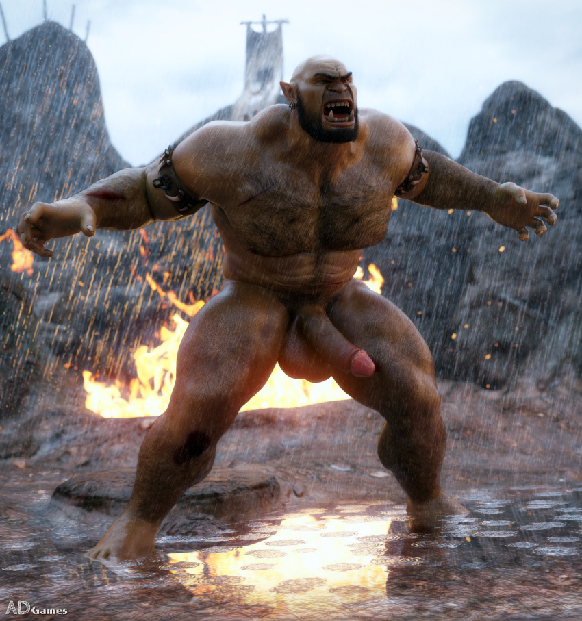 3d_(artwork) ad-games balls blood bodily_fluids body_hair chest_hair dark-skinned_male dark_skin detailed_background digital_media_(artwork) erection facial_hair fire flag genitals hi_res humanoid humanoid_genitalia humanoid_penis male male_only muscular muscular_male not_furry nude open_mouth orc orc_male outside penis raining rock solo standing water wounded