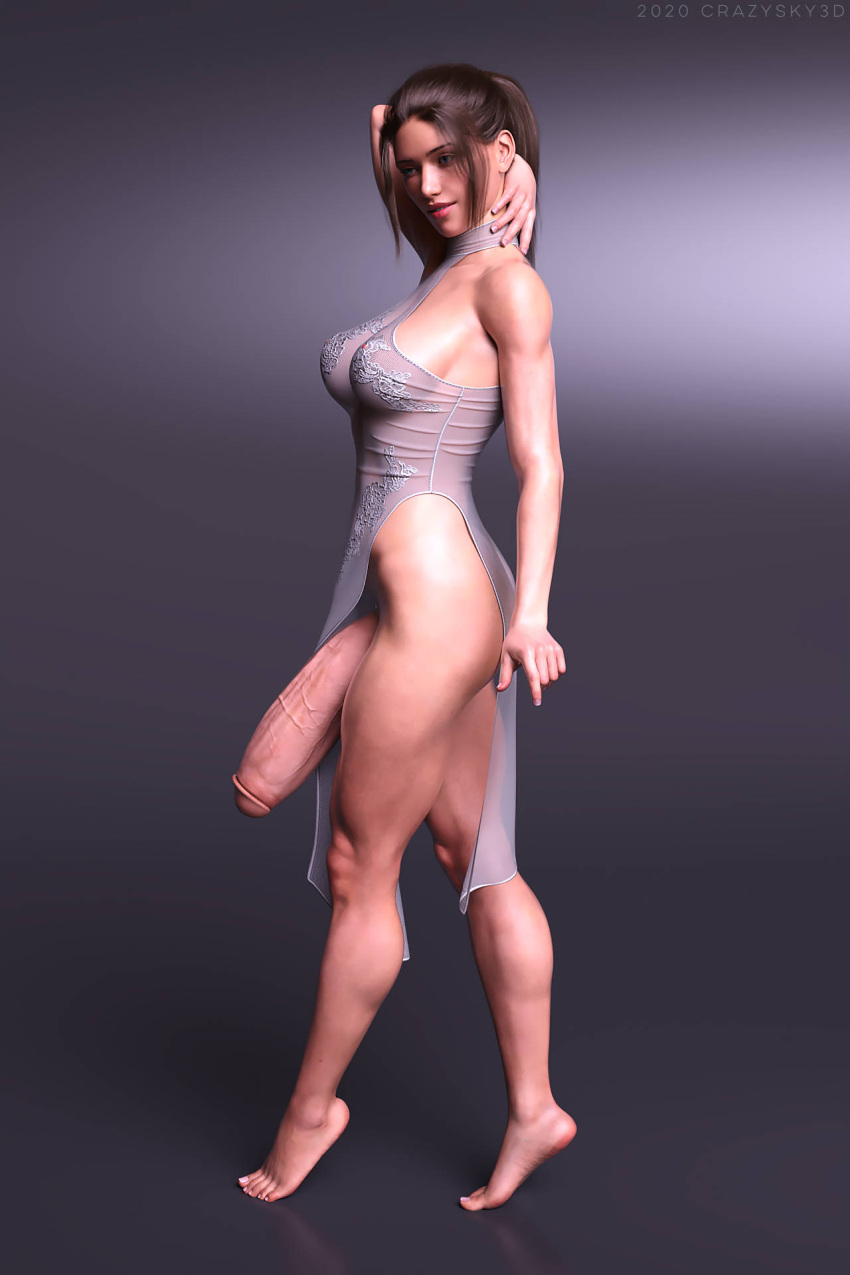 3d abs barefoot breasts brown_hair club_shaped_penis crazysky3d feet flaccid flaccid_penis futanari huge_cock katherina_(crazysky3d) light-skinned_futanari medium_breasts penis_out see-through_clothing smiling thick_penis tiptoes toes toned toned_futa veiny_penis