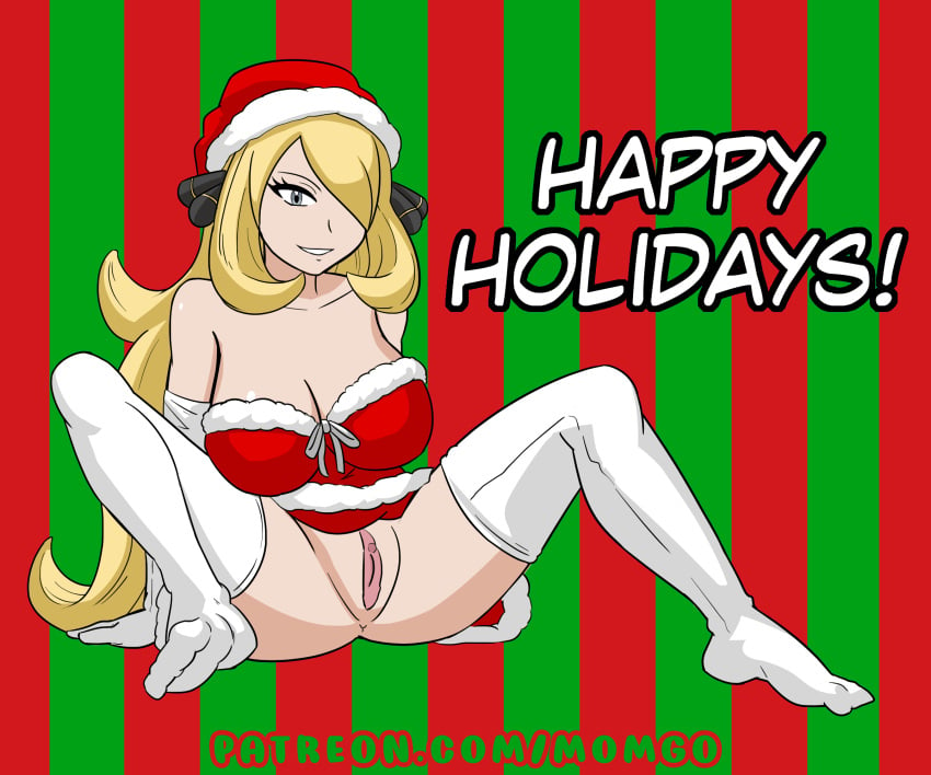 2021 big_breasts blonde_hair christmas cleavage cynthia_(pokemon) game_freak gloves gray_eyes hair_over_one_eye happy_holidays long_blonde_hair long_hair looking_at_viewer momgo opera_gloves patreon_url pokemon pussy revealing_clothes santa_dress santa_hat spread_legs stockings