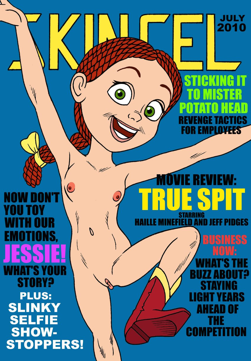 arms_up blue_background boots braid character commission disney doll english_text female flat_chest green_eyes jessie_(toy_story) open_mouth pixar pussy solo tagme toonytease toy_story