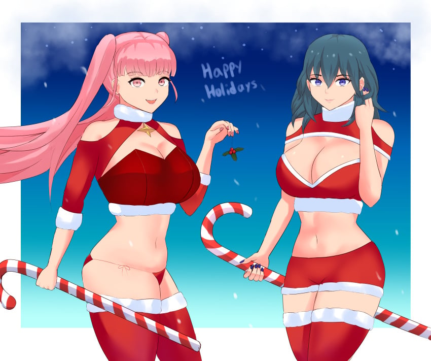 2girls alternate_costume bangs bare_midriff bare_thighs blue_eyes blue_hair breasts byleth_(fire_emblem) byleth_(fire_emblem)_(female) candy_cane christmas christmas_outfit cleavage clothing female_only fire_emblem fire_emblem:_three_houses happy_holidays hilda_valentine_goneril large_breasts long_hair looking_at_viewer medium_hair midriff mistletoe multiple_girls nintendo open_mouth panties pink_eyes pink_hair purple_eyes red_panties santa_costume shorts smile snow teal_hair thighhighs thighs thong tiredtorto twintails