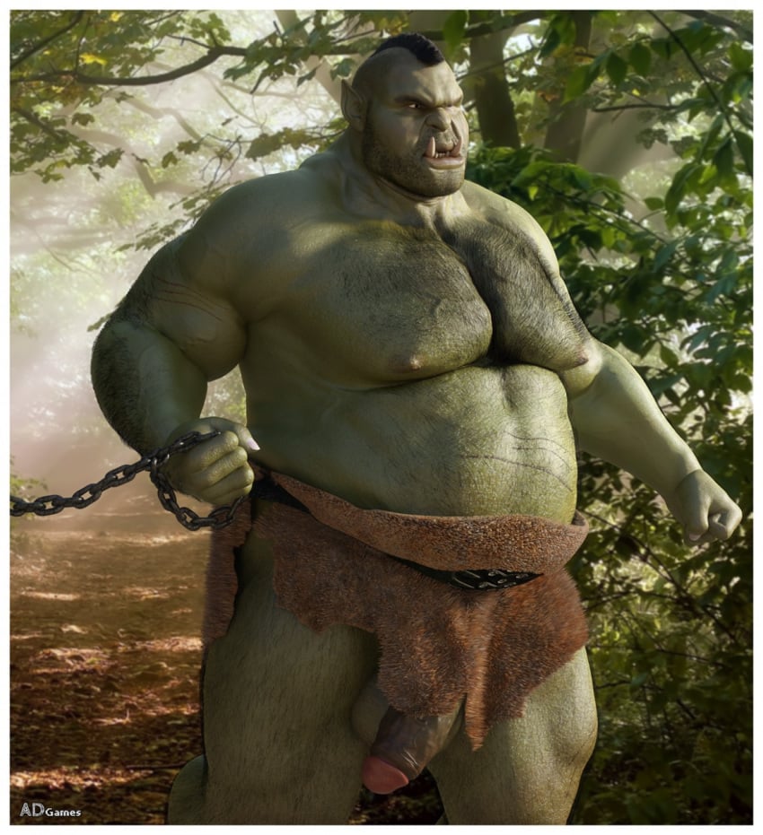 1male 3d_(artwork) ad-games balls body_hair chains chest_hair clothed clothing detailed_background digital_media_(artwork) flaccid genitals green_body green_skin hi_res holding_chain humanoid male male_only mohawk moobs nature nipples not_furry orc orc_male outside overweight overweight_male partially_clothed penis plant scar solo standing tree