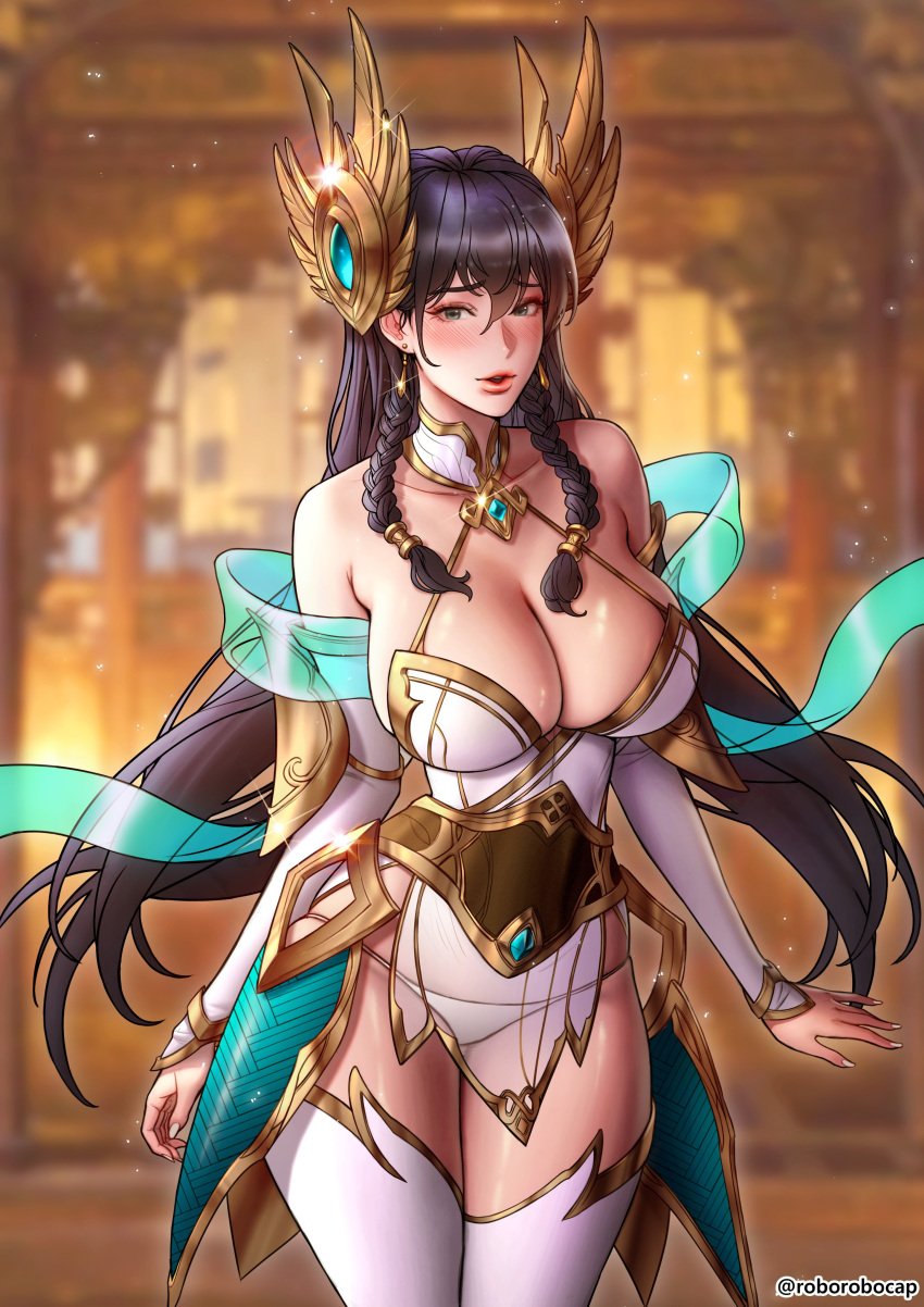 big_breasts blush braided_hair breasts divine_sword_irelia huge_breasts irelia_xan league_of_legends leggings legwear looking_at_viewer robocap roborobocop see-through thighs white_nails white_panties