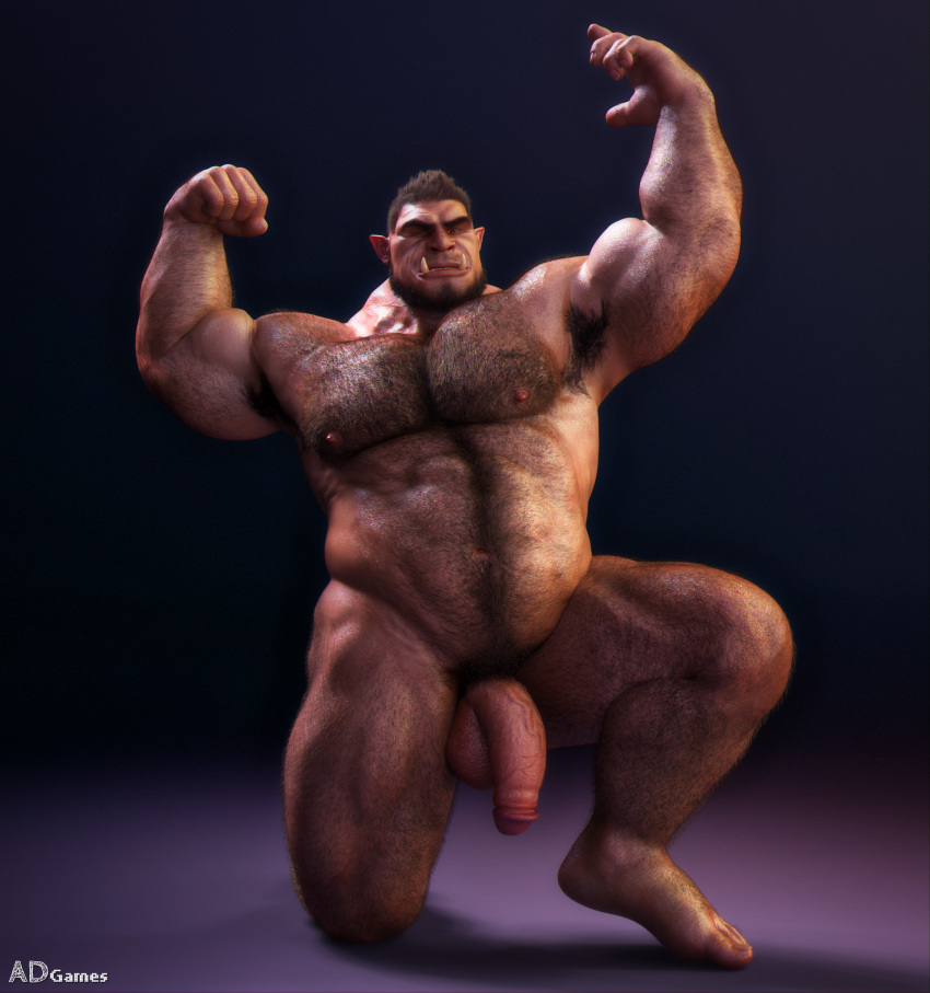 3d_(artwork) ad-games armpit_hair balls belly_hair big_muscles body_hair chest_hair digital_media_(artwork) facial_hair flaccid flexing flexing_bicep flexing_both_biceps genitals hi_res humanoid humanoid_genitalia humanoid_penis kneeling leg_hair male male_only muscular muscular_male nipples not_furry nude on_one_knee orc orc_male penis pubes simple_background solo solo_male