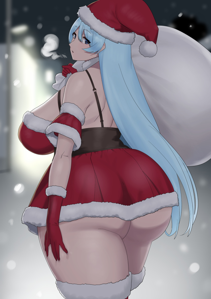 1girls ass big_ass big_butt christmas christmas_outfit eye_contact female gloves hat huge_ass large_ass long_hair looking_at_viewer looking_back original remomon santa_hat solo thick_thighs thighs voluptuous