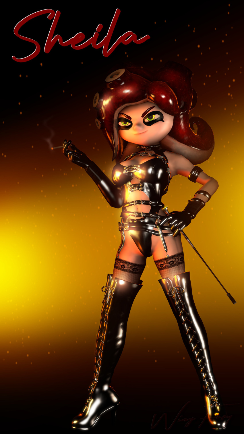 3d black_latex bondage_gear bondage_outfit boots cigarette eyes_half_open garter_straps gloves gradient_background green_eyes name_drop octoling octoling_girl pantyhose red_hair riding_crop sfm sheila_(wingfury) simple_background smiling smirk smoke source_filmmaker spiked_collar splatoon splatoon_2 wing_fury