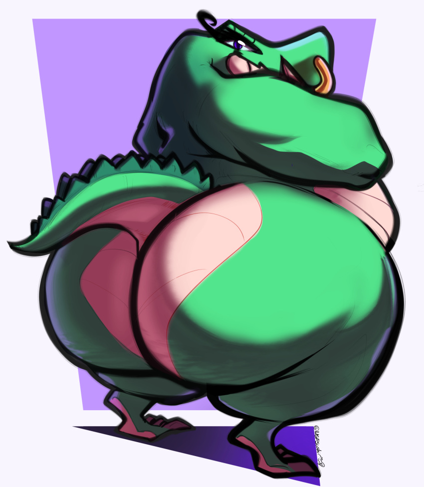 anthro ass big_butt crocodile crocodilian crocodylid digital_media_(artwork) facial_piercing hi_res huge_butt looking_at_viewer looking_back male nose_piercing nose_ring nsfsushi nude piercing reptile scalie simple_background solo thick_thighs wide_hips