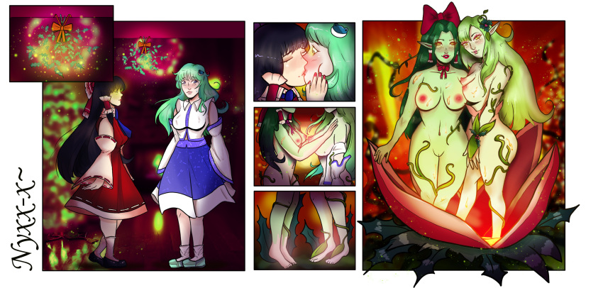 alraune ass_expansion assimilation breast_expansion corruption female green_hair green_skin hair_color_change hair_growth holly_(plant) identity_death large_ass large_breasts lip_expansion lips mistletoe navel nipples nyxx-x personality_change plant_girl plant_transformation race_swap reimu_hakurei sanae_kochiya species_transformation takeover thick_thighs touhou transformation transformation_sequence wide_hips