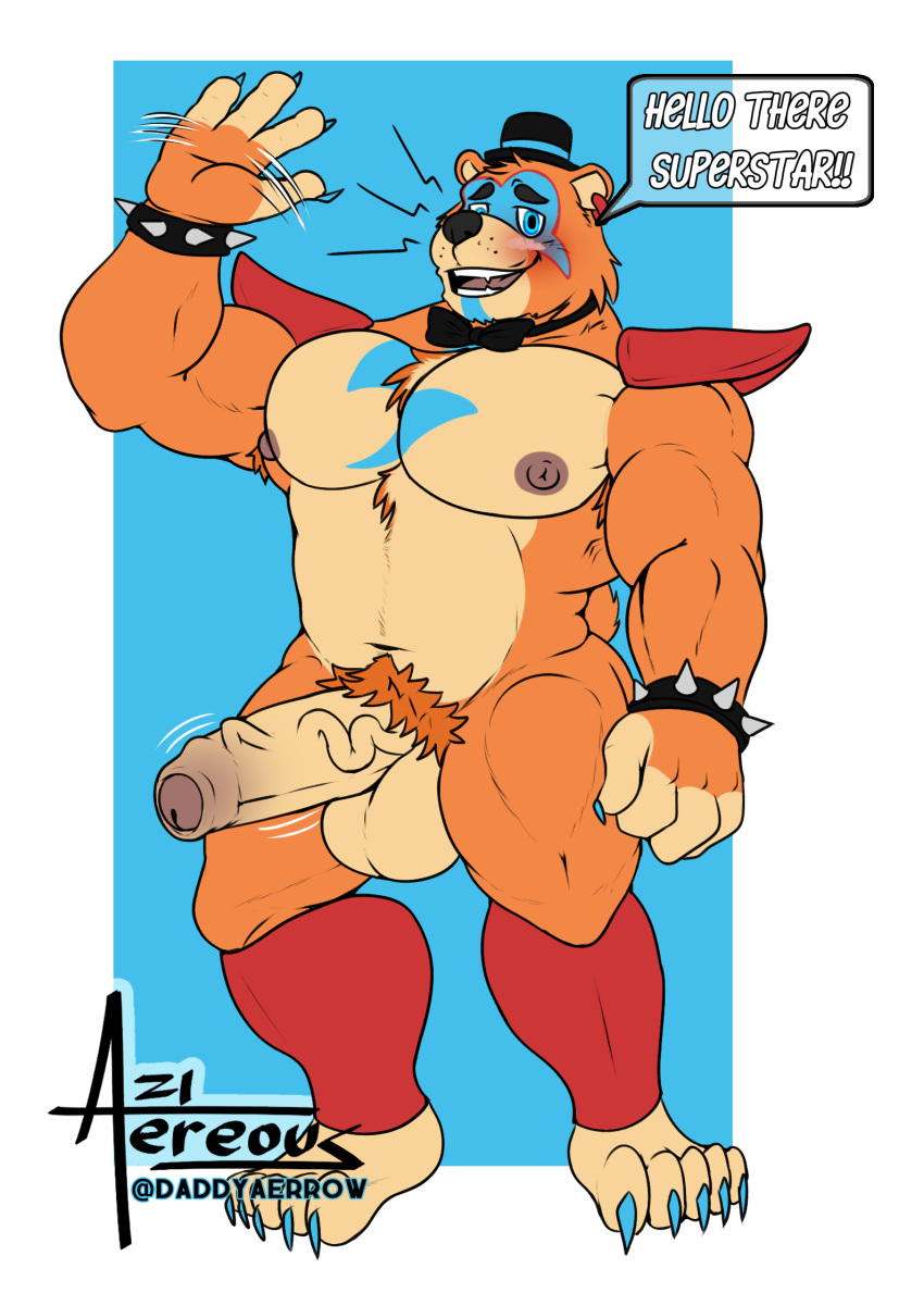 aereous animatronic anthro armpit_hair balls big_balls big_penis blue_claws blue_eyes blush blush_lines body_hair bow_tie bracelet chest_hair claws clothed clothing dialogue dialogue_box digital_drawing_(artwork) digital_media_(artwork) ear_piercing five_nights_at_freddy's five_nights_at_freddy's:_security_breach fur genitals glamrock_freddy_(fnaf) hat headgear headwear hi_res jewelry looking_at_viewer machine male male_only mammal multicolored_body multicolored_fur musclegut muscular muscular_anthro muscular_arms muscular_male muscular_thighs nipples pecs penis piercing pubes robot scottgames shoulder_pads smile solo speedo spiked_bracelet spikes swimwear ursid ursine vein veiny_penis video_games