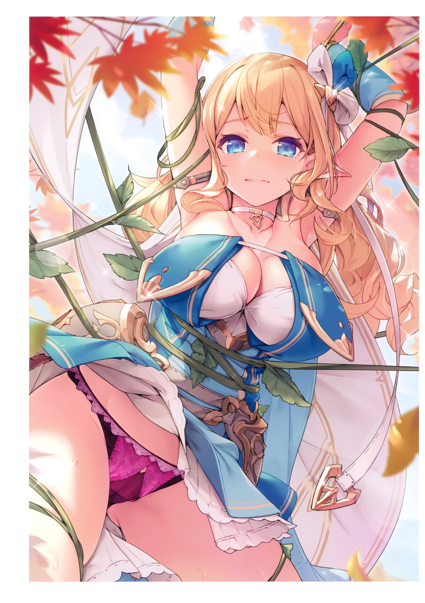 absurdres armlet armor armpits arms_up ass_visible_through_thighs autumn_leaves azumi_akitake blonde_hair blue_dress blue_eyes blurry blurry_foreground breasts cape choker cleavage closed_mouth clothes_lift contrapposto cowboy_shot depth_of_field dress earrings elf faulds female glint hair_ornament highres jewelry large_breasts leaf long_hair maple_leaf melonbooks original panties pink_panties pointy_ears restrained scan skirt skirt_lift solo sweat tentacle underwear wind wind_lift