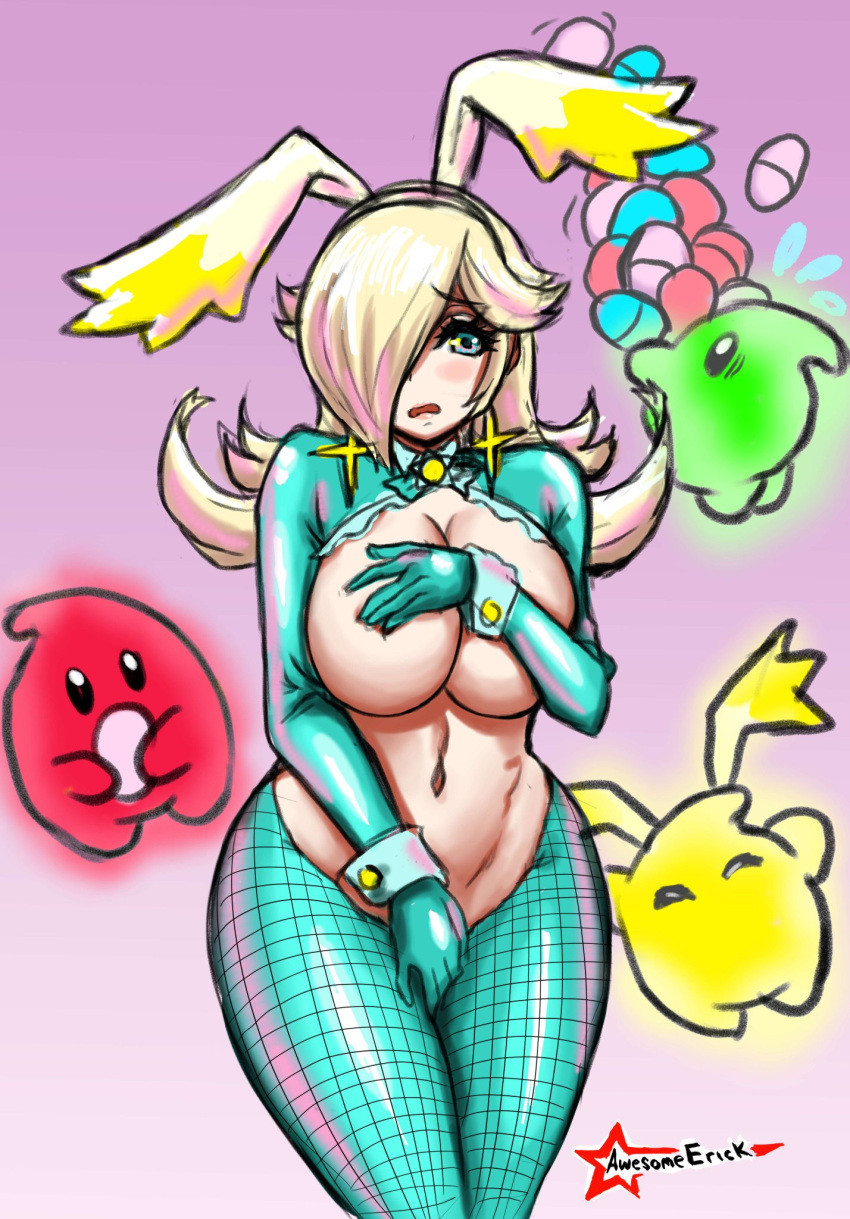 1girls alternate_breast_size alternative_costume awesomeerix bare_shoulders belly big_breasts bimbo blonde_hair blue_eyes blue_gloves blue_panties blue_stockings blue_thighhighs breasts bunny_ears collarbone covering_breasts covering_crotch cyan_eyes earrings easter_egg egg elbow_gloves embarrassed eyelashes fake_animal_ears female gloves hair hair_over_one_eye headwear highleg_panties hips huge_breasts latex latex_gloves light-skinned_female light_purple_background light_skin lighting lips long_hair looking_at_viewer luma mario_(series) mouth_open navel nintendo panties pantyhose partially_clothed princess_rosalina reverse_bunnysuit shiny smile star_bunny star_bunny_(cosplay) stockings stomach super_mario_galaxy thick_thighs thighhighs thighs topless video_games white_skin wide_hips yellow_ears