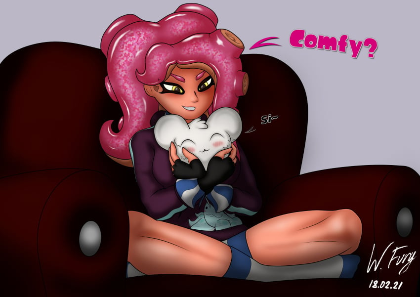 1girls 2d couch desti_(smg4) digital_drawing_(artwork) digital_media_(artwork) fingerless_gloves hands_on_cheeks happy holding knees legs_crossed looking_down octoling octoling_girl octoling_rival original_character shorts smg4 smirk socks solo splatoon splatoon_2 thebombbeanie wholesome wing_fury