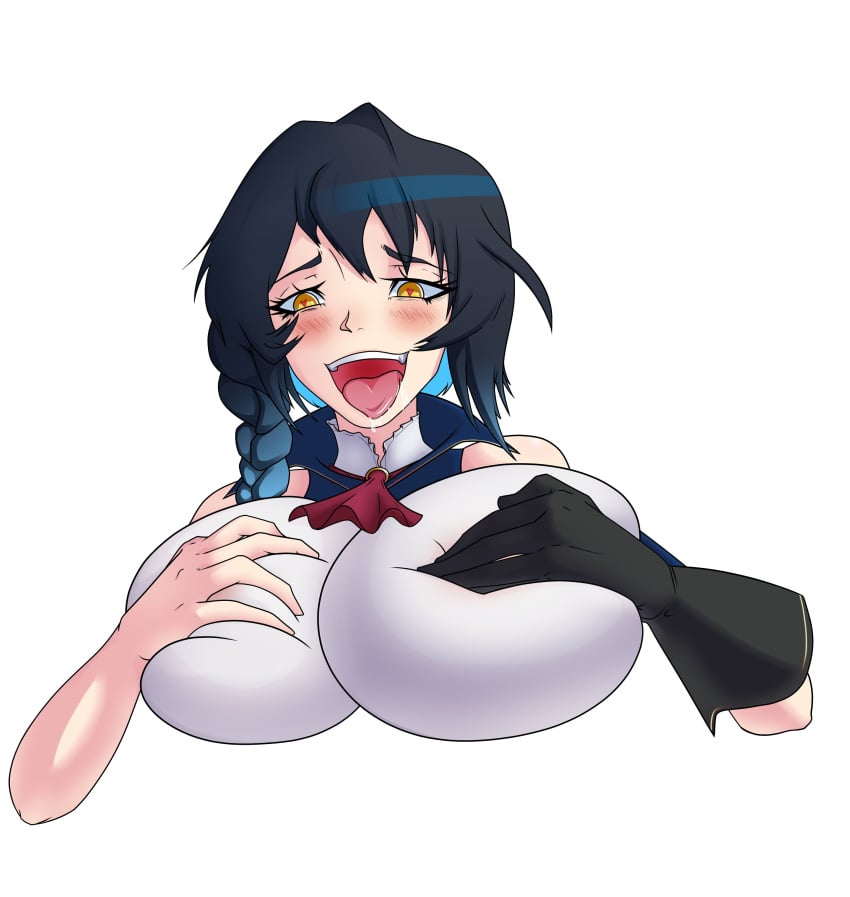 1girls ahe_gao aradia_(night_of_revenge) blush breasts clothing female female_human female_only heart-shaped_pupils huge_breasts human light-skinned_female light_skin night_of_revenge open_mouth solo tongue tongue_out topwear