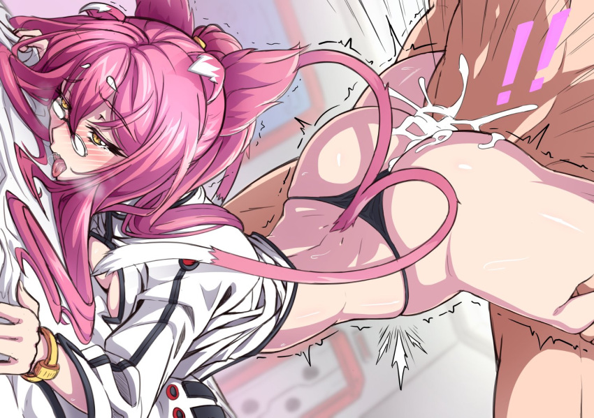 1boy 1girls animal_ears arc_system_works blazblue blush cat_ears cum cum_in_pussy cum_inside face_down_ass_up glasses kokonoe long_hair looking_pleasured pink_hair tongue_out top-down_bottom-up upside-down vaginal_penetration vermillion_dice