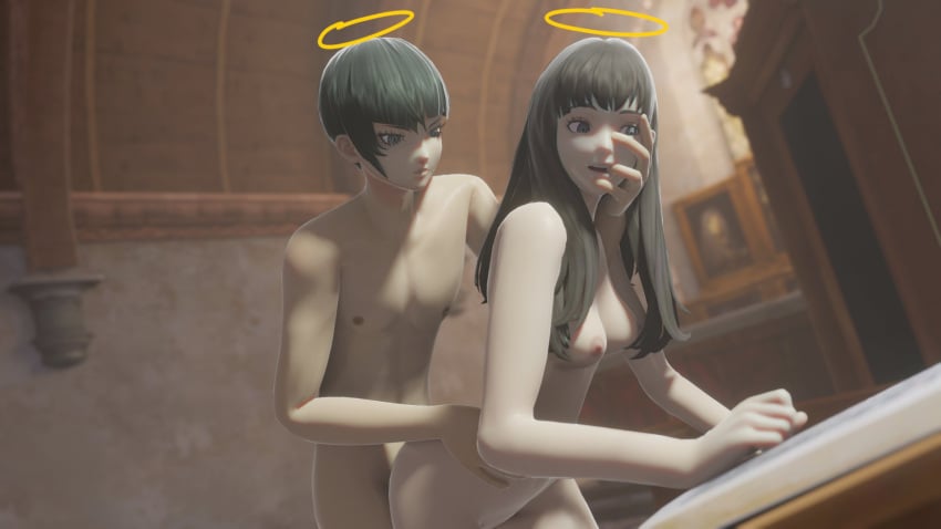 1boy 1girls 3d atlus brown_hair bunnxarts church doggy_style female femsub halo hand_on_face isonokami_tao_(megami_tensei) male maledom megami_tensei protagonist_(shin_megami_tensei_v) shin_megami_tensei shin_megami_tensei_v straight tagme