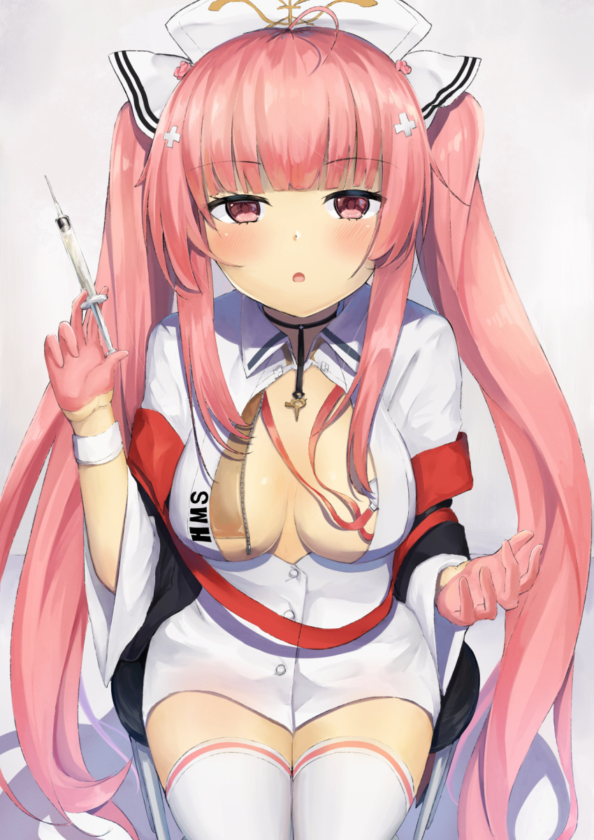 1girls alternate_costume azur_lane beauty_mark blush breasts cap clothed clothing eyebrows_visible_through_hair female female_only gloves hair_ornament hat holding_object holding_syringe inner_sideboob light-skinned_female light_skin looking_at_viewer noriaji_(noriaji_jungle) official_alternate_costume perseus_(azur_lane) perseus_(nursery_service_time)_(azur_lane) pink_eyes pink_gloves pink_hair royal_navy_(azur_lane) solo syringe twintails unzipped