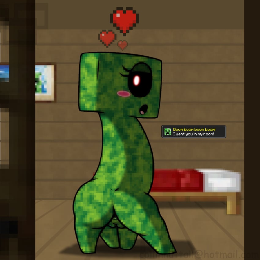 1girls 4_legs bed blush butt creeper female green_body home liliy_(slushy) minecraft pussy red_eyes slushy solo tagme text