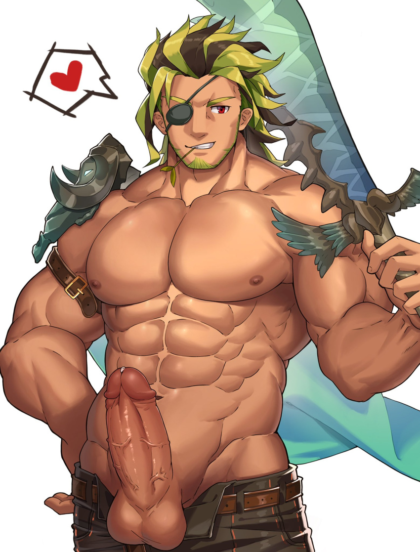 1boy abs alternate_hairstyle armor bara beard black_pants dark-skinned_male dark_skin erection eyepatch facial_hair green_hair groin highres large_pectorals leon_(world_flipper) male_focus mature_male mint multicolored_hair muscular muscular_male navel nipples no_male_underwear open_fly over_shoulder pants pauldrons pectorals penis precum red_eyes short_hair shoulder_armor single_pauldron smile solo stomach sword sword_over_shoulder tekkowang topless_male two-tone_hair veins veiny_penis weapon weapon_over_shoulder world_flipper