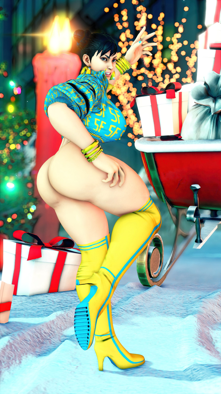 2021 3d absurd_res ass athletic athletic_female bare_midriff big_ass big_breasts boots bracelet breasts brown_eyes brown_hair bubble_butt busty cacpom capcom christmas chun-li chun-li_(cover_girl) cleavage crop_top earrings female female_focus female_only g-string hourglass_figure large_breasts long_hair makeup nail_polish navel repinscourge skimpy skimpy_clothes sleeves_rolled_up solo street_fighter street_fighter_v tagme thigh_boots tied_hair toned toned_female wide_hips