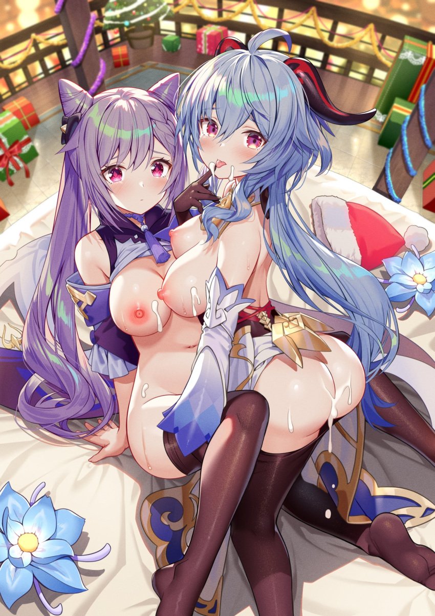 2girls absurd_res akusema arched_back areola areolae ass back bangs belly_button big_ass big_breasts big_butt black_legwear black_stockings blue_hair blush braid braided_hair breasts cat_ears christmas christmas_hat christmas_tree cum cum_drip cum_dripping_from_ass cum_on_ass cum_on_body cum_on_breasts cum_on_face cum_on_lower_body cum_on_upper_body detailed_background dripping_cum female finger_on_tongue flower ganyu_(genshin_impact) genshin_impact grabbing_legs grabbing_thighs hair_between_eyes hair_ornament hi_res highres hips horn horns keqing_(genshin_impact) large_ass large_breasts licking_cum long_ears looking_at_viewer looking_back male_pov midriff multiple_girls nipples plump plump_ass presents purple_eyes purple_hair santa_hat shirt_up sideboob sitting slim_waist small_waist stockings sweat sweatdrop sweaty sweaty_body sweaty_breasts sweaty_thighs thick thick_ass thick_thighs thigh_grab thigh_highs thighhighs thighs tongue tongue_out twintails waist wide_hips yuri