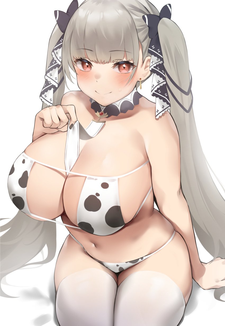 1girls 2021 animal_print azur_lane bangs bare_shoulders between_breasts bikini blush breasts cleavage closed_mouth collarbone cow_bikini cow_print detached_collar earrings eyepatch_bikini female female_focus female_only formidable_(azur_lane) grey_hair hair_ribbon highres jewelry large_breasts long_hair looking_at_viewer navel red_eyes ribbon sitting smile solo solo_female strap_gap swimsuit thighhighs thighs twintails two-tone_ribbon usa_b very_long_hair white_legwear