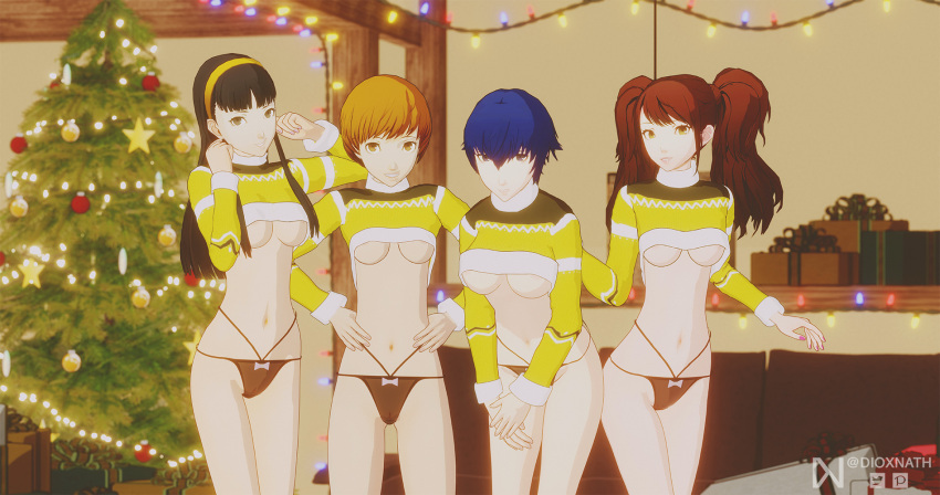 3d 4girls amagi_yukiko breasts christmas dioxnath female female_only kujikawa_rise light-skinned_female lingerie no_bra panties persona persona_4 pussy satonaka_chie see-through_clothing shirogane_naoto underboob