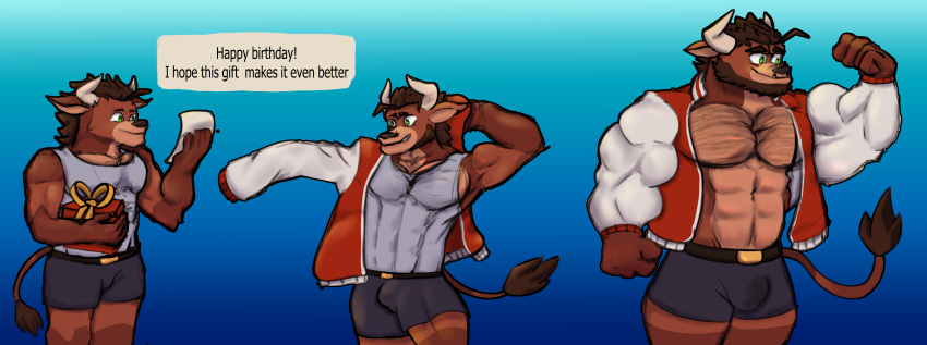 absurd_res big_muscles bovid bovine brute brutification cattle cenies clothing dumb growth hi_res himbo himbofication huge_muscles hyper hyper_muscles intelligence_loss jacket letterman_jacket male_only mammal muscle_growth muscular sequence topwear transformation