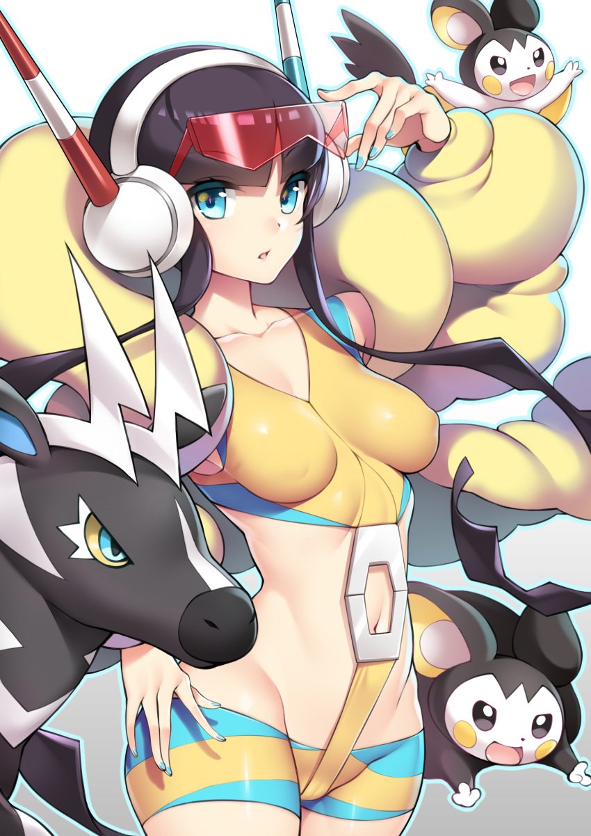 1girls 3animals absurd_res bangs bike_shorts black_hair blue_eyes blue_nails blunt_bangs blush breasts clothing crop_top elesa_(pokemon) emolga erect_nipples erect_nipples_under_clothes eyewear_on_head female female_only feral fuya_(tempupupu) headphones hi_res lingerie looking_at_viewer lowleg medium_breasts nail_polish navel nintendo nipples panties pokémon_(species) pokemon pokemon_bw pokemon_bw2 short_hair short_hair_with_long_locks sidelocks skin_tight solo spats underwear visor zebstrika