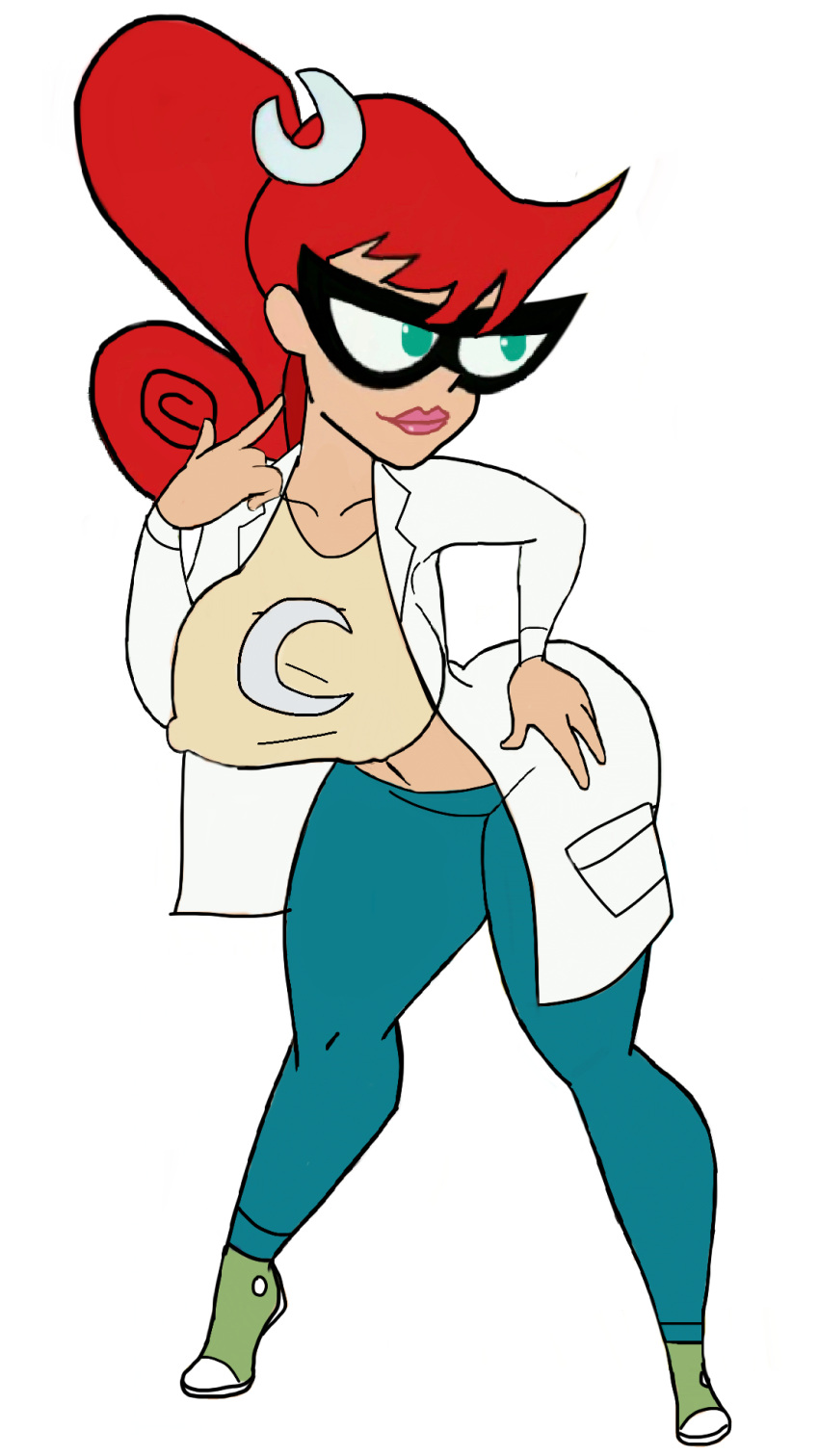 crescent crescent_moon drawingthings12 edit female female_only glasses green_eyes green_shoes hand_on_hip hands_on_hips jeans johnny_test_(series) lab_coat labcoat looking_away looking_away_from_viewer mary_test midriff nipple_bulge ponytail posing red_hair shoes sneakers tank_top tight_clothing yellow_clothing yellow_shirt