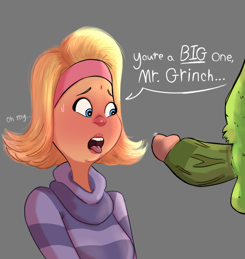 1girls big_penis blonde_hair blue_eyes blush christmas dialogue donna_lou_who dr_seuss female female_focus fur green_skin grinch how_the_grinch_stole_christmas illumination_entertainment looking_at_penis male penis penis_awe purple_sweater shocked sweat sweatband sweatdrop text the_grinch_(2018) tongue_out turtleneck universal_studios