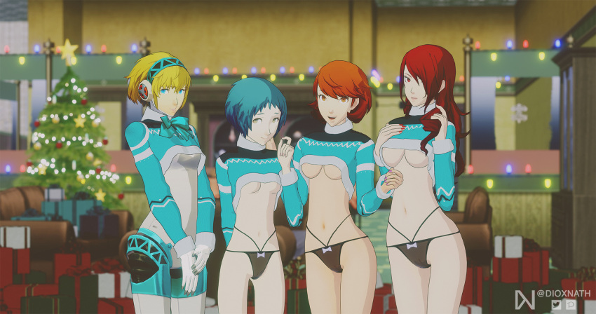 3d 4girls aegis_(persona) aigis_(persona) breasts christmas dioxnath female female_only fuuka_yamagishi light-skinned_female lingerie mitsuru_kirijo no_bra panties persona persona_3 pussy robot_girl see-through_clothing underboob yukari_takeba