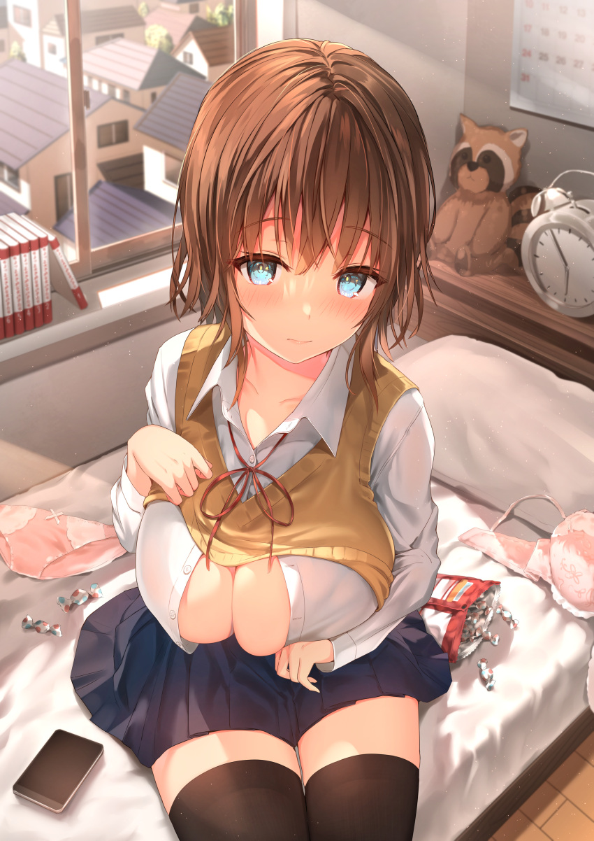 1girls absurd_res bed black_legwear black_thighhighs blue_skirt blush bra_removed brown_hair clothing female female_only hi_res indoors legwear looking_at_viewer no_bra on_bed original school_uniform short_hair sitting sitting_on_bed skirt solo sune_(mugendai) sweater sweater_lift thighhighs uniform viewed_from_above