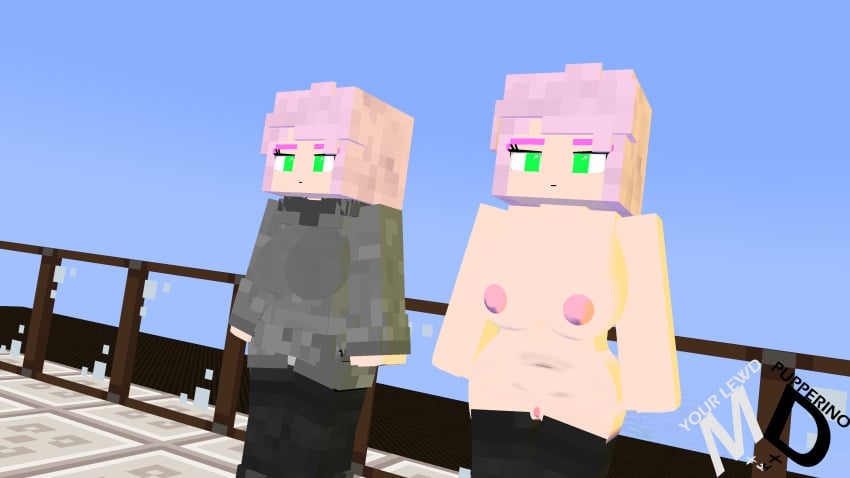 2girls 3d akira_sato_(fedolphine) breasts clothed_female demon_girl erect_nipples fedolphin female female_only green_eyes humanoid mine-imator minecraft model_release nude_female outside pink_hair pussy smile solo stockings succubus tagme