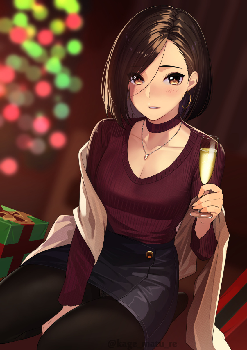 1girls alcohol bangs blurry blurry_background blush box breasts brown_eyes brown_hair champagne champagne_flute choker christmas_tree cleavage collarbone drinking_glass earrings eyebrows_visible_through_hair gift_box highres holding hoop_earrings indoors jewelry kagematsuri lips looking_at_viewer medium_breasts necklace original panties panties_under_pantyhose pantyhose parted_lips shiny_hair simple_background sitting skirt smile solo underwear