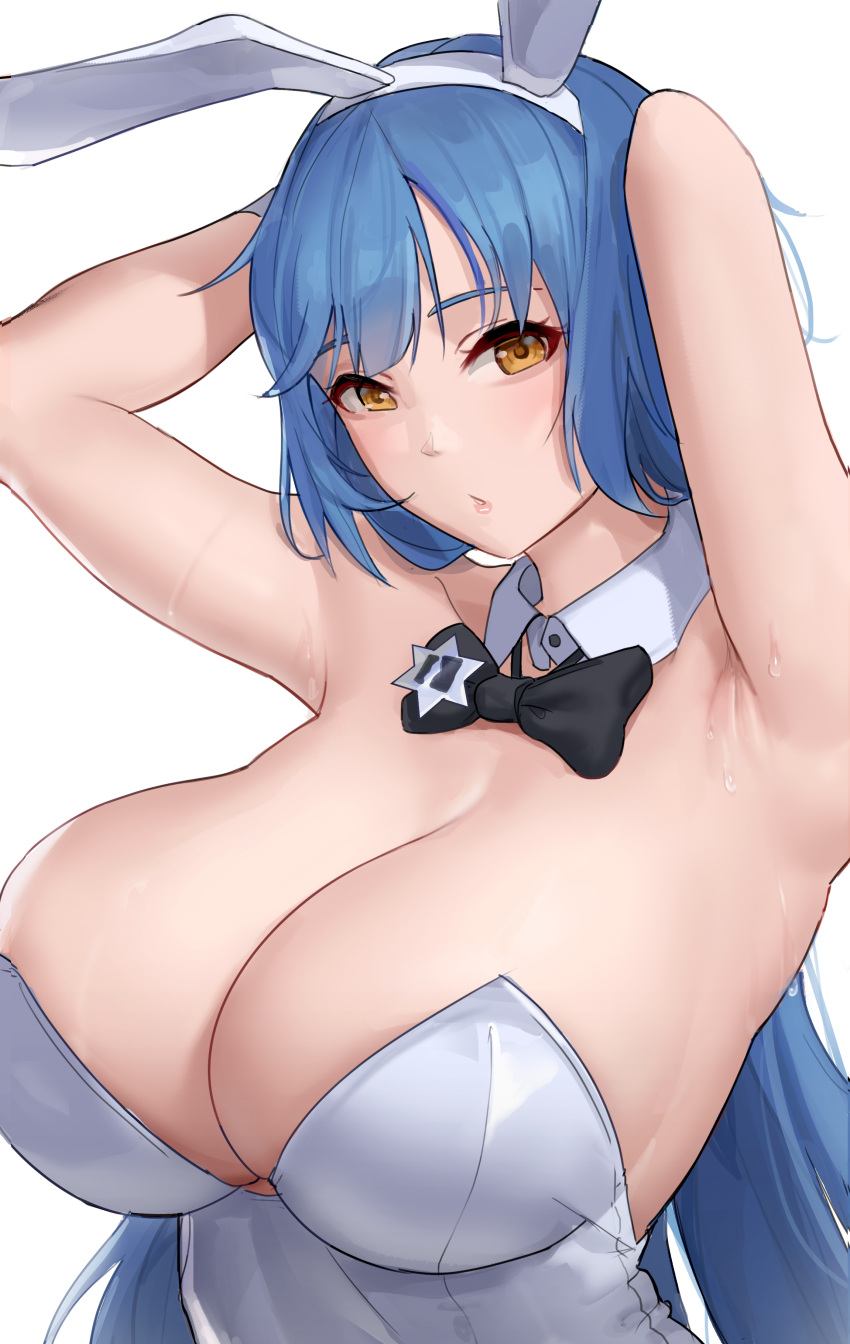 1girls 2021 animal_ears armpit_crease armpits arms_behind_head bare_shoulders blue_hair breasts bunny_ears cleavage collarbone detached_collar female female_focus female_only girls'_frontline large_breasts long_hair official_alternate_costume playboy_bunny solo solo_female sweat tar-21_(girls'_frontline) upper_body very_long_hair yellow_eyes