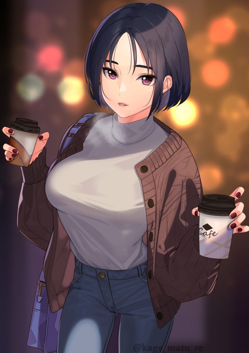 1girls bag black_hair blue_pants blurry blurry_background bob_cut breasts brown_jacket cardigan coffee coffee_cup cup denim depth_of_field disposable_cup female fingernails grey_sweater highres holding holding_cup imminent_coffee jacket jeans kagematsuri large_breasts leaning_to_the_side looking_at_viewer medium_hair nail_polish open_clothes open_jacket original pants parted_lips pink_eyes pink_lips red_nails shoulder_bag smile solo standing sweater turtleneck turtleneck_sweater winter