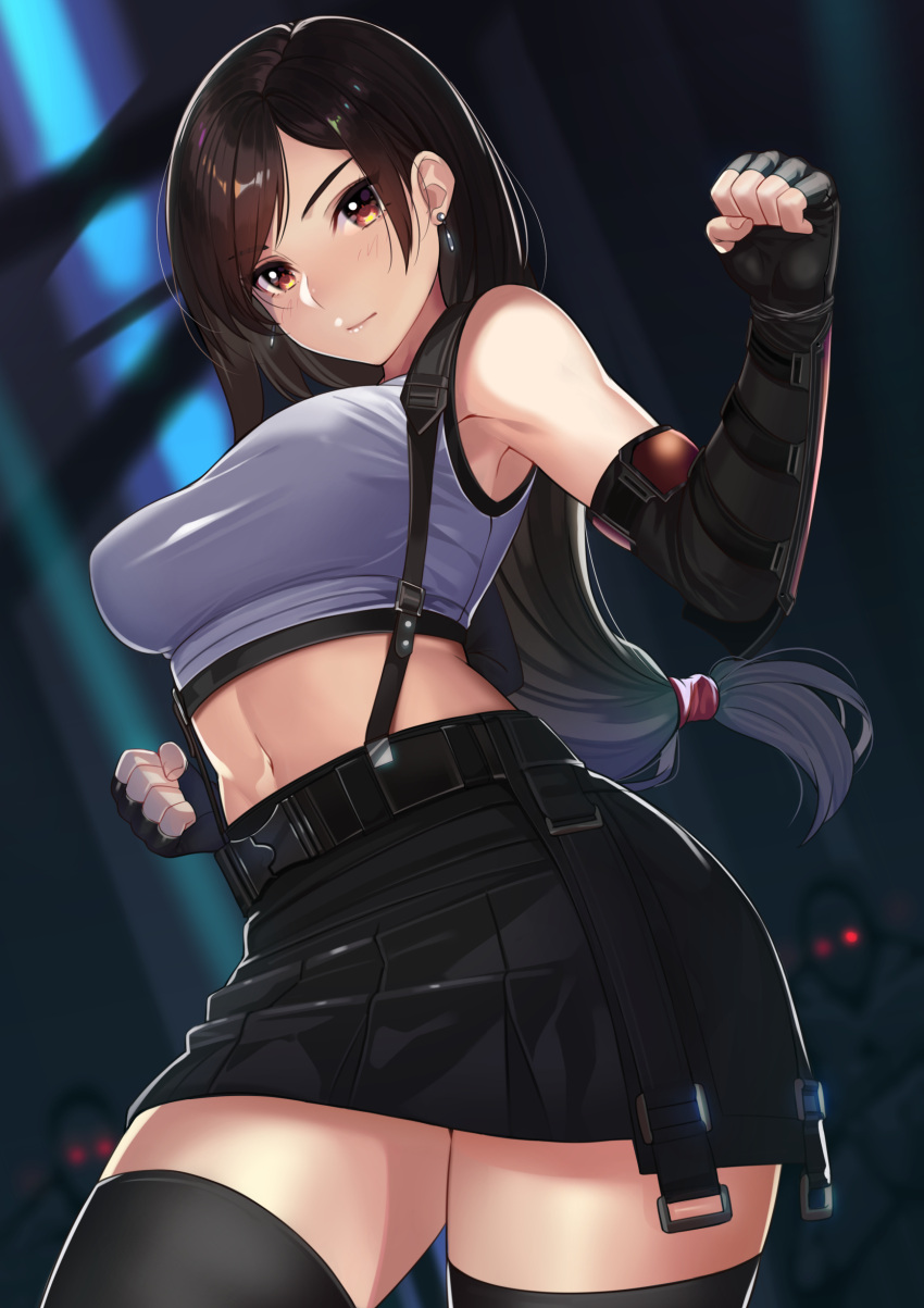 1girls arm_guards armpits belt black_hair black_legwear black_skirt clenched_hands female female_focus fighting_stance final_fantasy final_fantasy_vii final_fantasy_vii_remake fingerless_gloves gloves highres kagematsuri long_hair looking_at_viewer low-tied_long_hair midriff monster navel pleated_skirt skirt sleeveless solo stomach suspender_skirt suspenders tank_top thighhighs tifa_lockhart zettai_ryouiki