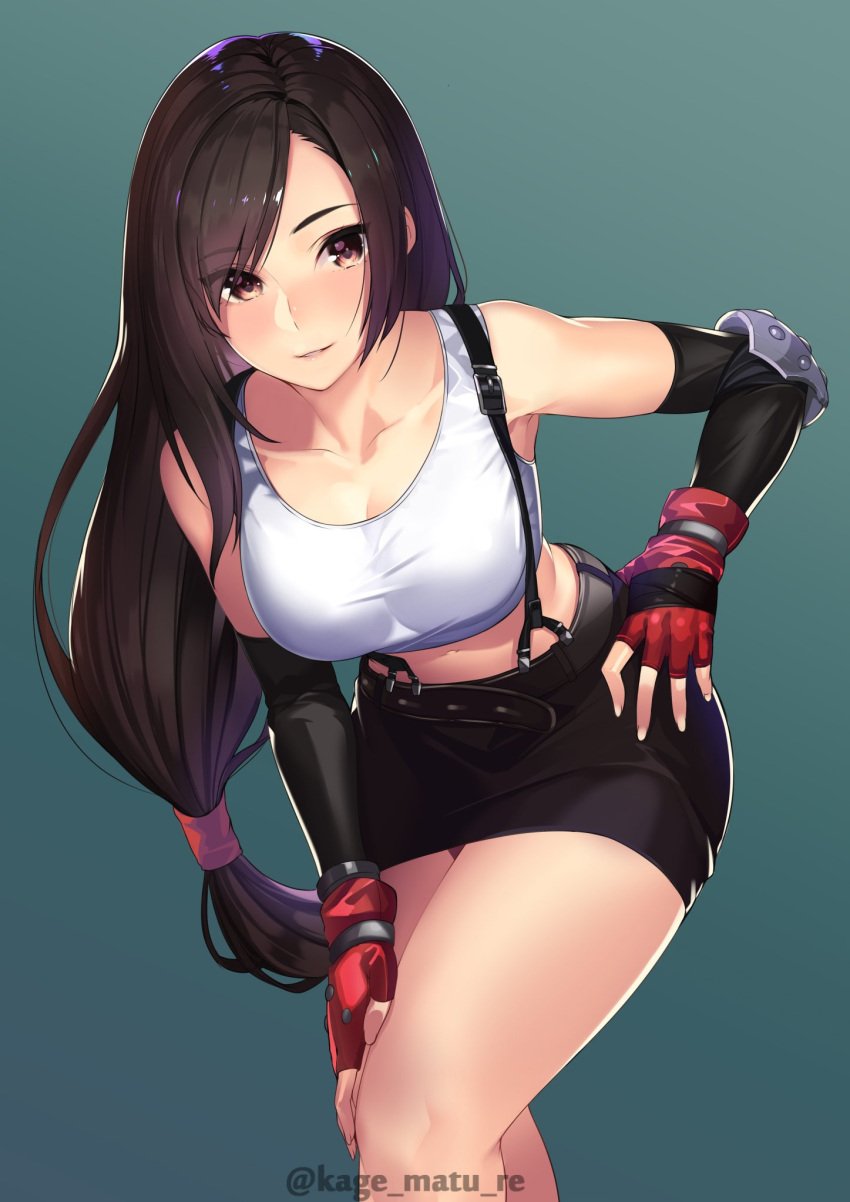 1girls bangs bare_shoulders black_skirt blush breasts brown_eyes brown_hair cowboy_shot elbow_pads eyebrows_visible_through_hair female female_focus final_fantasy final_fantasy_vii gloves green_background highres kagematsuri large_breasts leaning_forward long_hair looking_at_viewer low-tied_long_hair pencil_skirt skirt smile solo suspender_skirt suspenders tank_top thighs tifa_lockhart