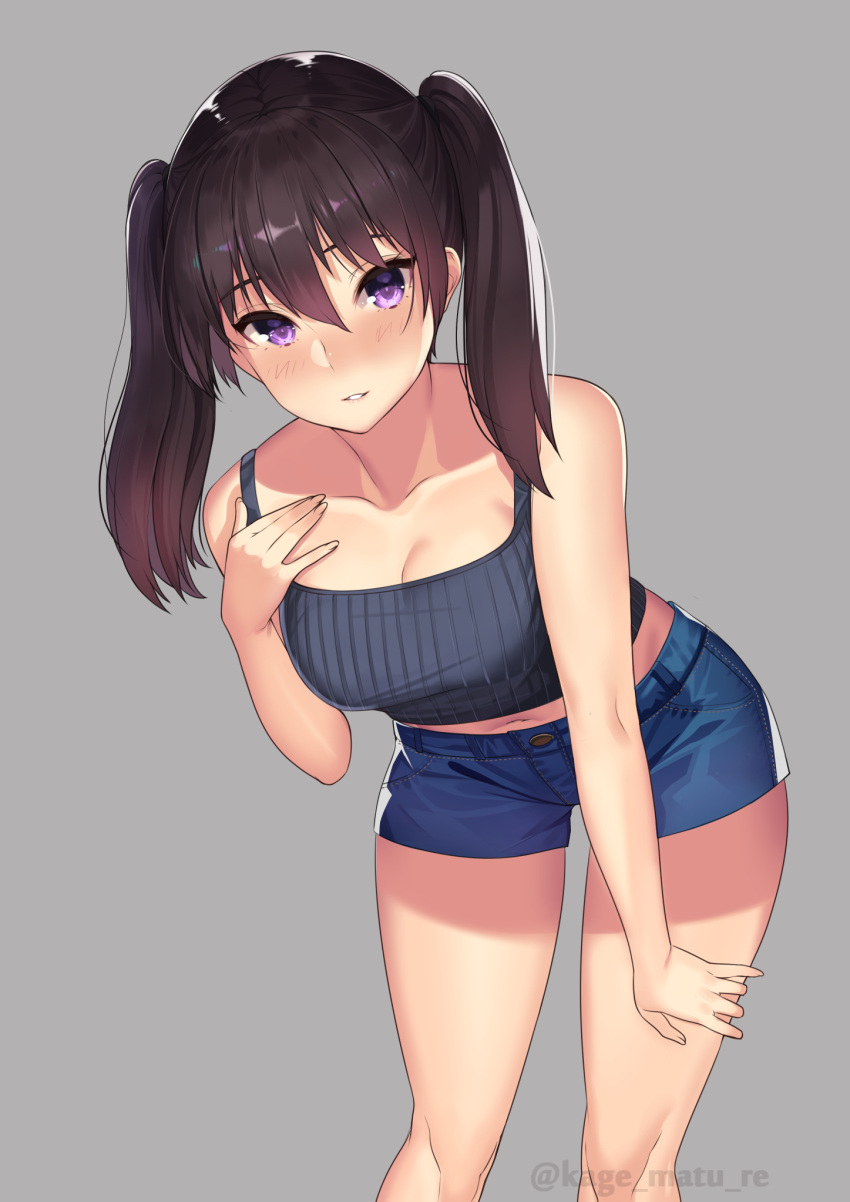 1girls bangs bare_shoulders black_hair blue_shorts blush breasts camisole collarbone female grey_background highres hip_focus kagematsuri leaning_forward long_hair looking_at_viewer medium_breasts original parted_lips purple_eyes short_shorts shorts simple_background smile solo thighs twintails