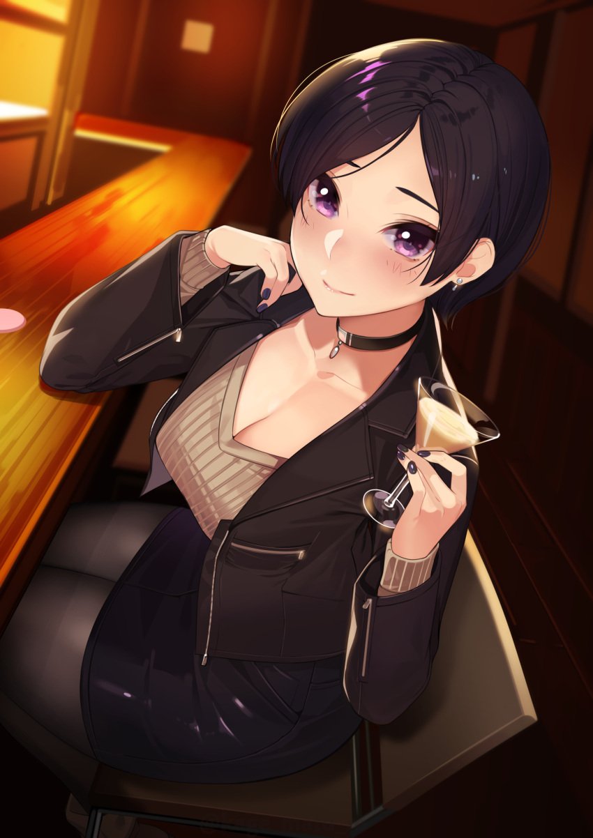 1girls bar black_hair black_legwear blurry blush breasts chair choker cleavage cocktail_glass drinking_glass female female_focus highres jacket kagematsuri large_breasts miniskirt nail_polish original pantyhose purple_eyes short_hair skirt smile solo sweater v-neck