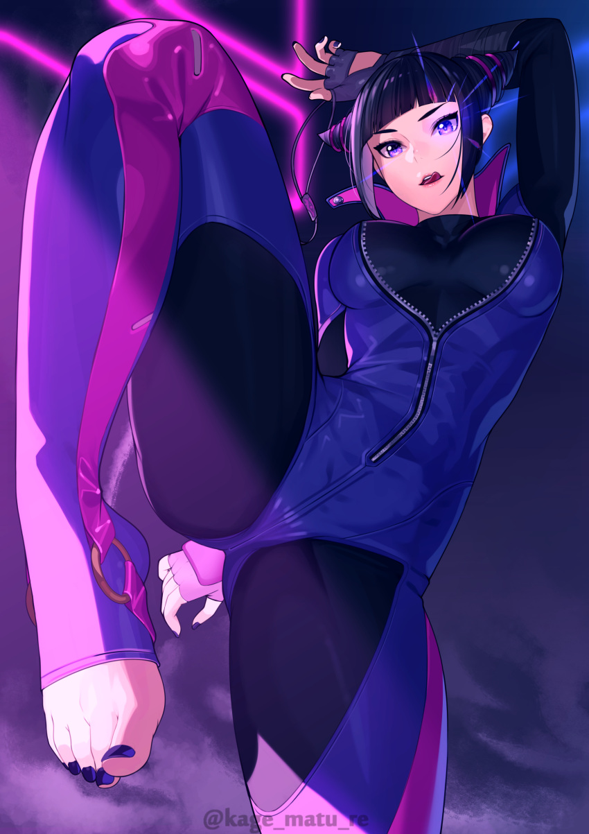 1girls arm_up black_hair bodysuit breasts drill_hair female fighting_stance fingerless_gloves gloves glowing glowing_eyes highres juri_han kagematsuri leg_up licking_lips lips long_sleeves looking_at_viewer medium_breasts nail_polish purple_eyes shiny_clothes shiny_hair shiny_skin skin_tight smile solo street_fighter street_fighter_iv tied_hair toeless_legwear toenail_polish toenails toes tongue tongue_out twin_drills zipper