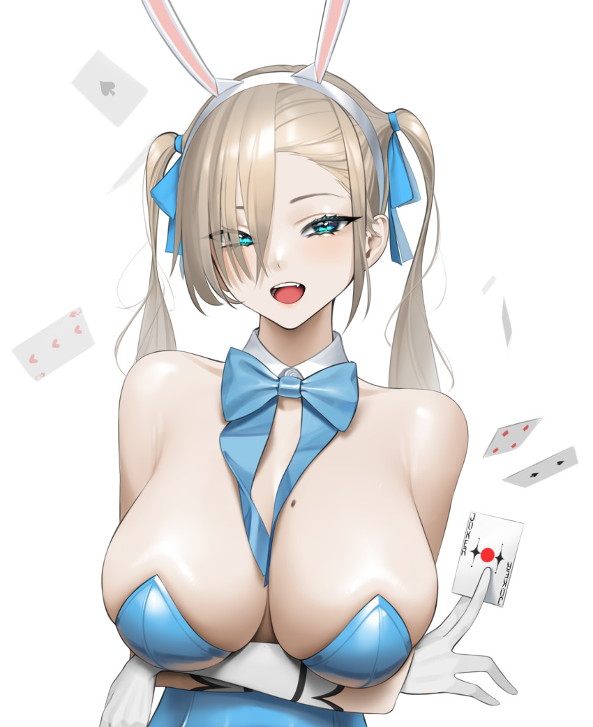 1girls 2021 absurdres alternate_hairstyle animal_ears asuna_(blue_archive) asuna_(bunny)_(blue_archive) bangs bare_shoulders blue_archive blue_bow blue_bowtie blue_eyes blue_leotard blue_ribbon blush bow bowtie breasts bunny_ears bunnysuit card cleavage detached_collar fake_animal_ears female female_focus female_only gloves hair_over_one_eye hair_ribbon highres large_breasts leotard long_hair looking_at_viewer mole mole_on_breast norunollu open_mouth platinum_blonde_hair playboy_bunny ribbon simple_background solo solo_female twintails white_background white_gloves