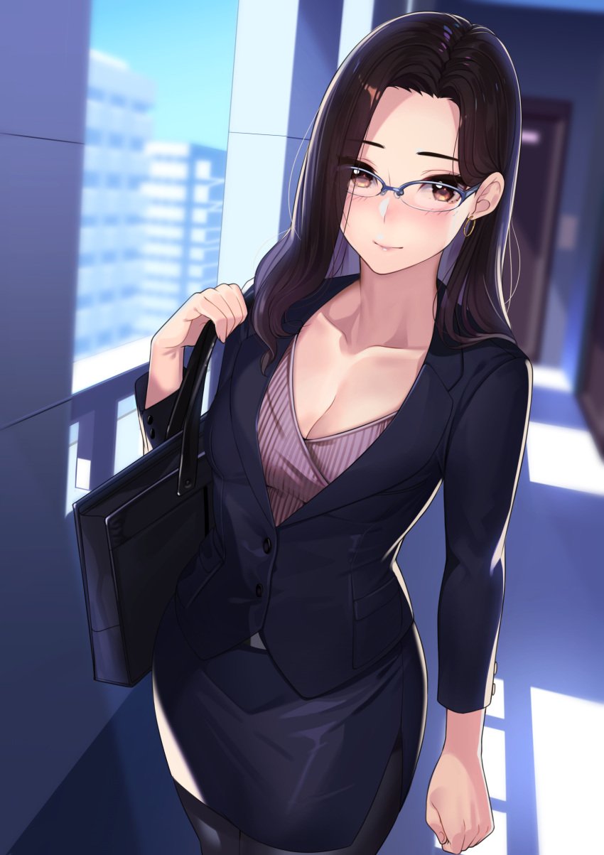 1girls bag bangs black_hair black_legwear blue_jacket blue_skirt blush breasts brown_eyes business_suit cleavage closed_mouth collarbone earrings female forehead formal glasses highres hoop_earrings jacket jewelry kagematsuri long_hair long_sleeves looking_at_viewer medium_breasts office_lady original outdoors pantyhose parted_bangs pencil_skirt shoulder_bag side_slit skirt skirt_suit smile solo suit